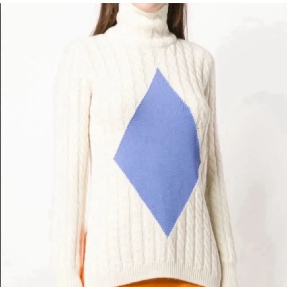 Tory Burch Sweater Nel Cable Knit Diamond Turtleneck Alpaca Wool in Cream Blue